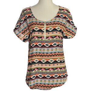 Blue Rain Multicolored Round Neck Short Sleeve Hi-Lo Open Back Blouse Women's S